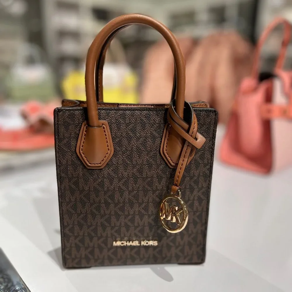 MICHAEL KORS MERCER XS NS SHOPPER CROSSBODY SATCHEL BAG SIGNATURE LOGO MK BROWN - Picture 1 of 8